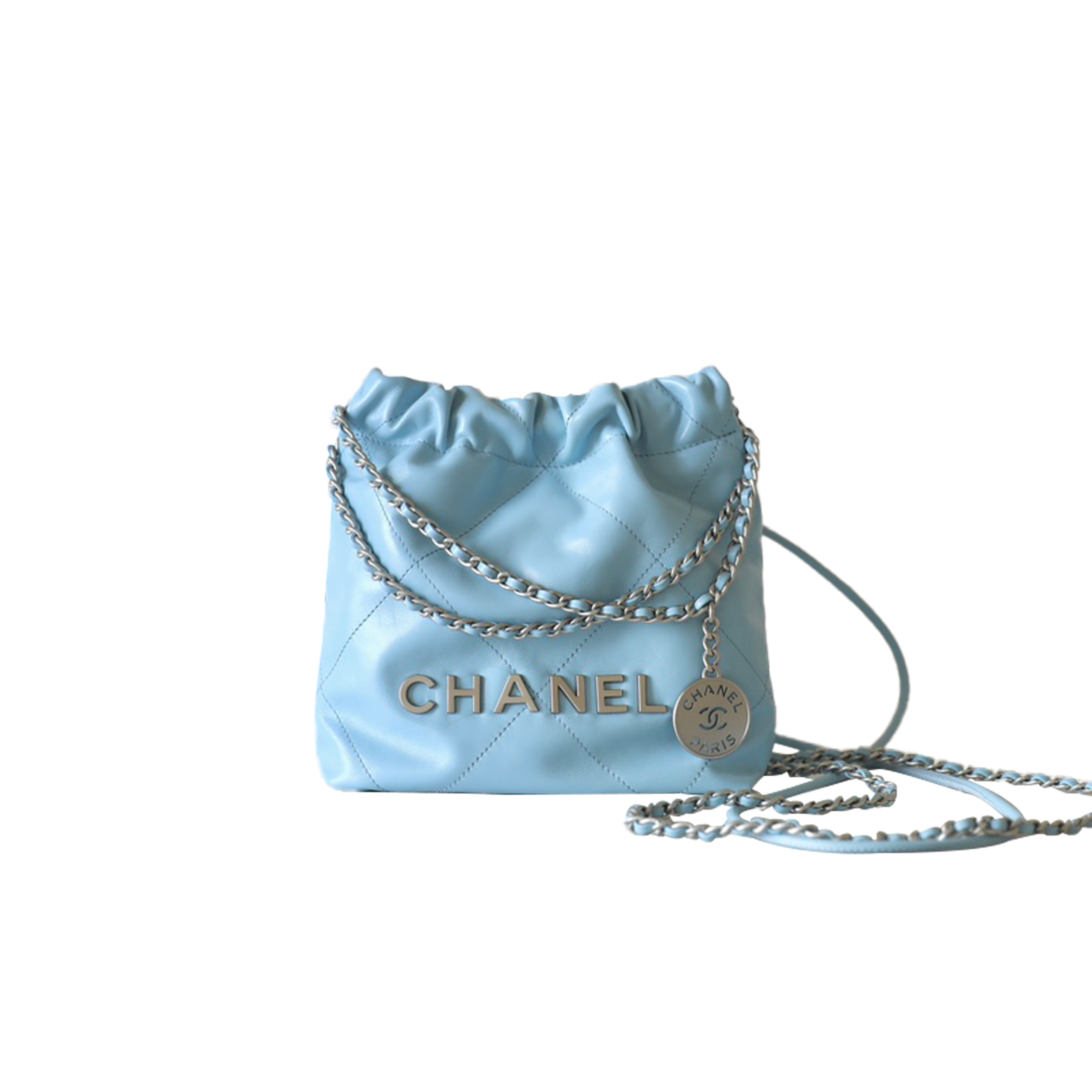 Ch*el light blue quilted calfskin mini 22 bag silver hardware as3980 (20*19*6cm)